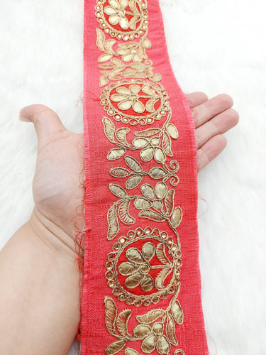 Red Art Silk Fabric Trim With Gold Zari Gota Patti Embroidery, Floral Embroider Trimming, Trim By The Yard